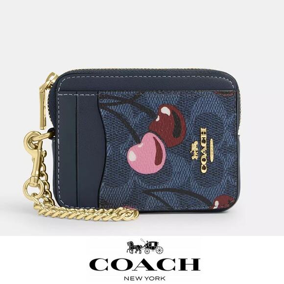🍒 Coach Zip Card Case In Signature Canvas With Cherry Print - Picture 1 of 10
